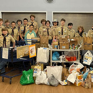 Group photo of Scouts from Troop 362 following the 2024 Scouting for Food Drive