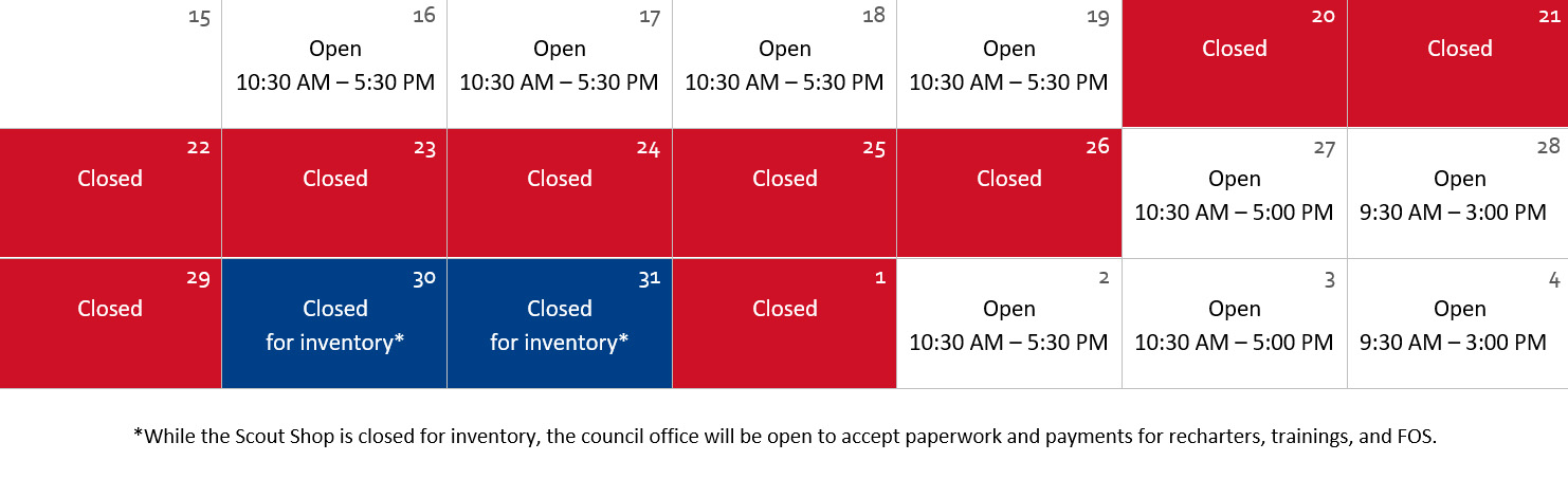 2020 Scout Shop Holiday Hours