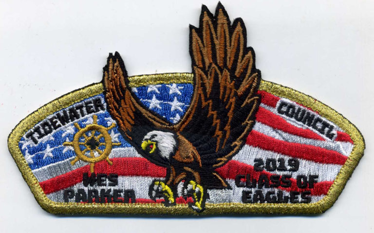 Patch with bald eagle, American flag, ship wheel, and text "Tidewater Council 2019 Class of Eagles Wes Parker"