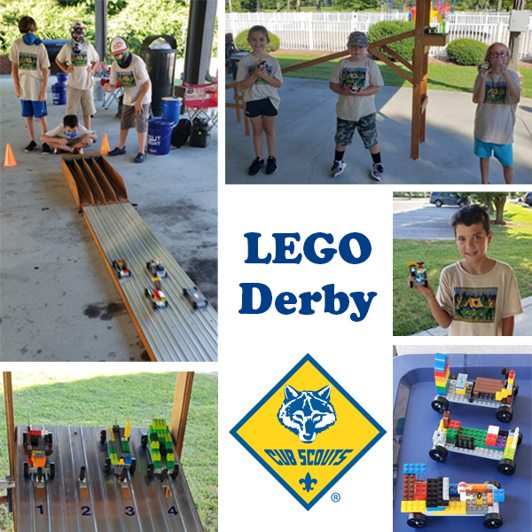 Cub Scouts racing cars made out of LEGOs