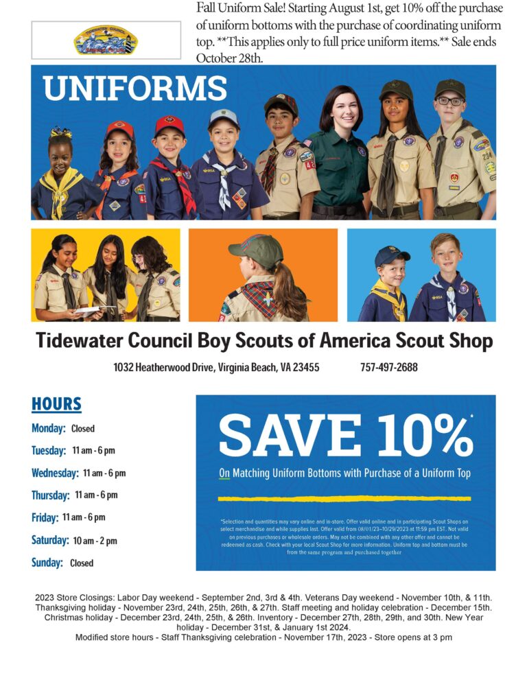 Flyer with hours; Scouts in uniform