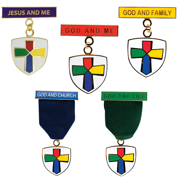 PRAY religious emblems medals: Jesus and me, God and me, God and family, God and church, and God and life