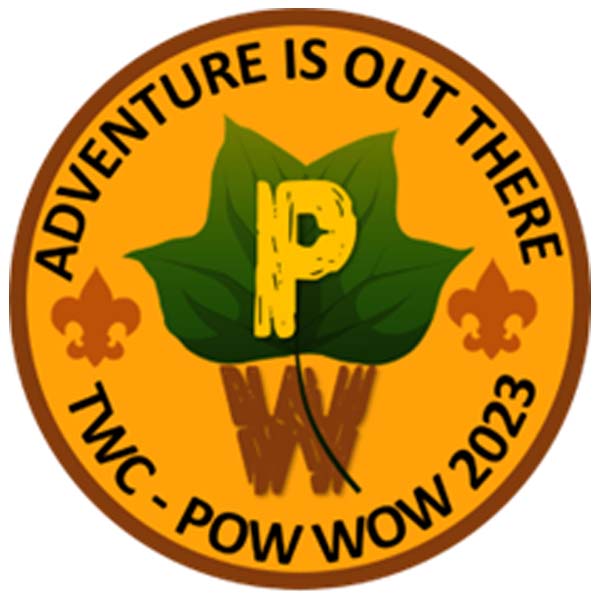 2023 Tidewater Council Pow Wow patch. Adventure is out there. Poplar leaf on yellow background.