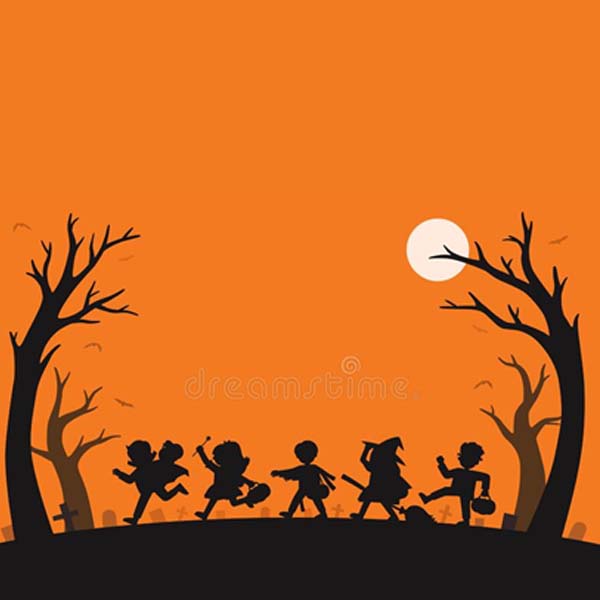 Trick-or-treaters in the woods illustration