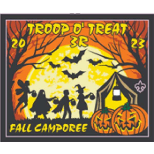 Three Rivers district Troop O'Treat fall camporee patch with trick-or-treaters, jack-o-lanterns, and bats