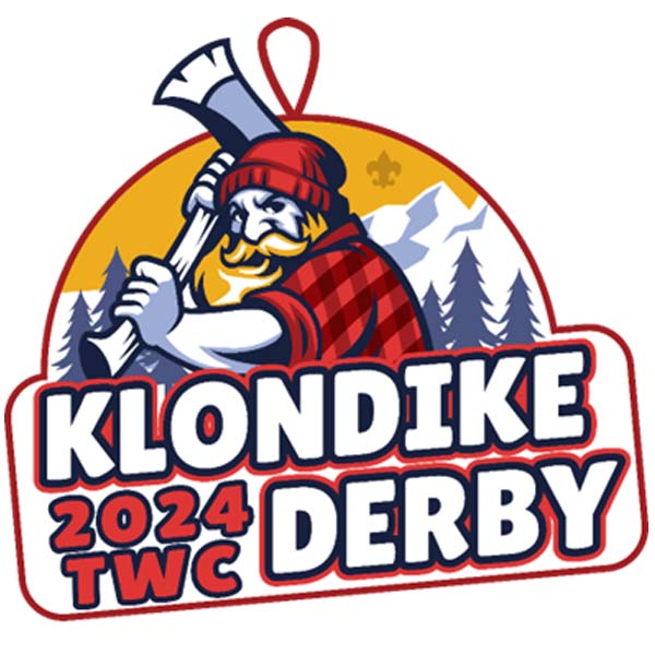 Patch design for Klondike Derby 2024. Plaid-clad lumberjack wielding axe.