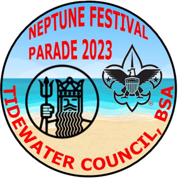 Patch for Neptune Festival Parade 2023 Tidewater Council BSA Neptune Festival logo and Boy Scouts of America logo in front of beach