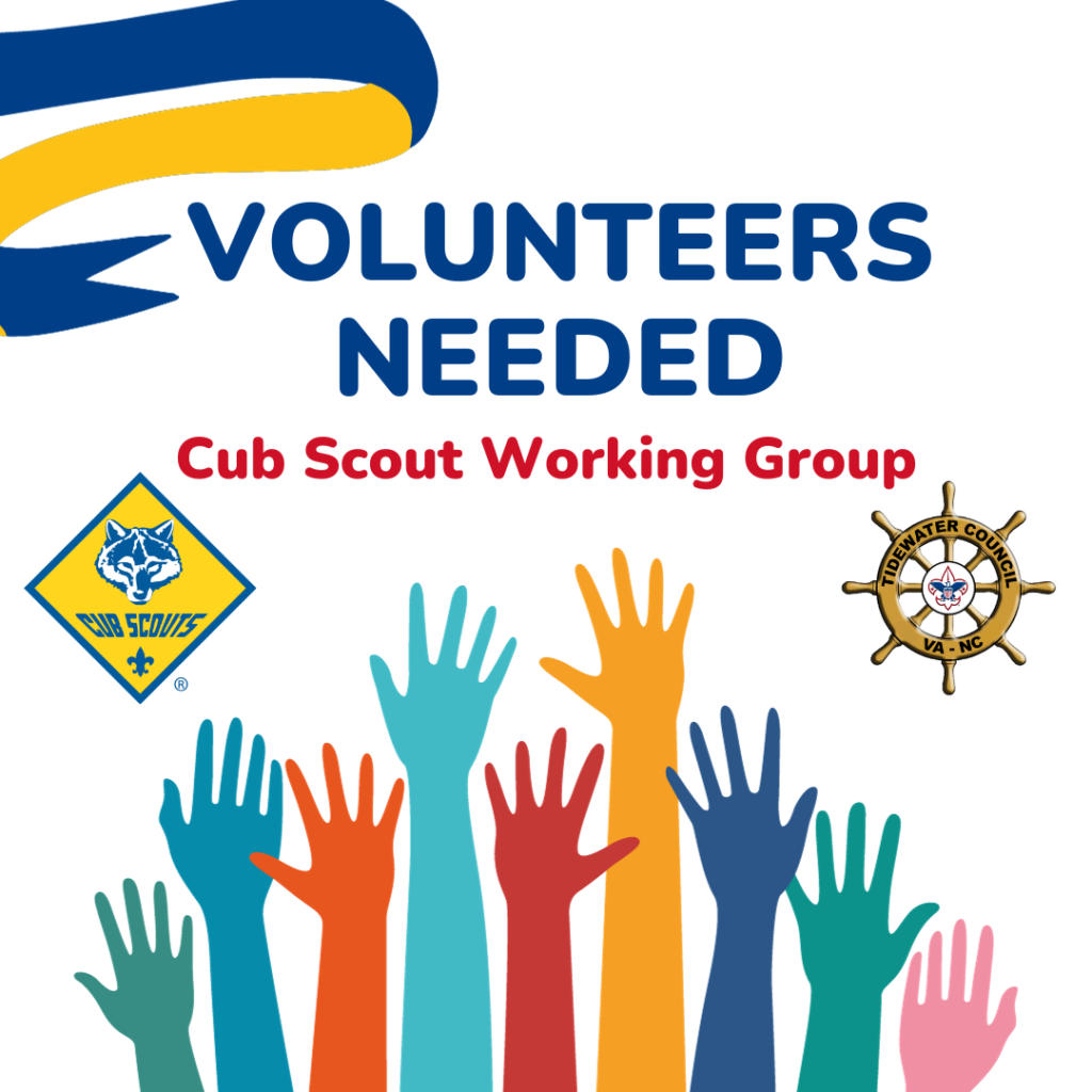 graphic with text "Volunteers Needed Cub Scout Working Group"
