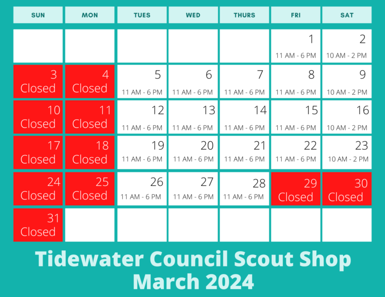 Calendar of Scout Shop hours for March 2024