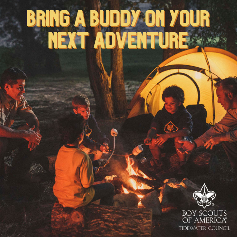 Scouts around a campfire with tagline "bring a buddy on your next adventure"