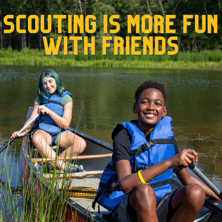 Two Scouts in a canoe with tagline, "Scouting is more fun with friends"