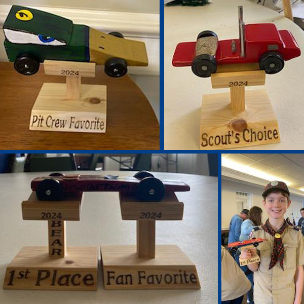 Collage of Pinewood Derby cars
