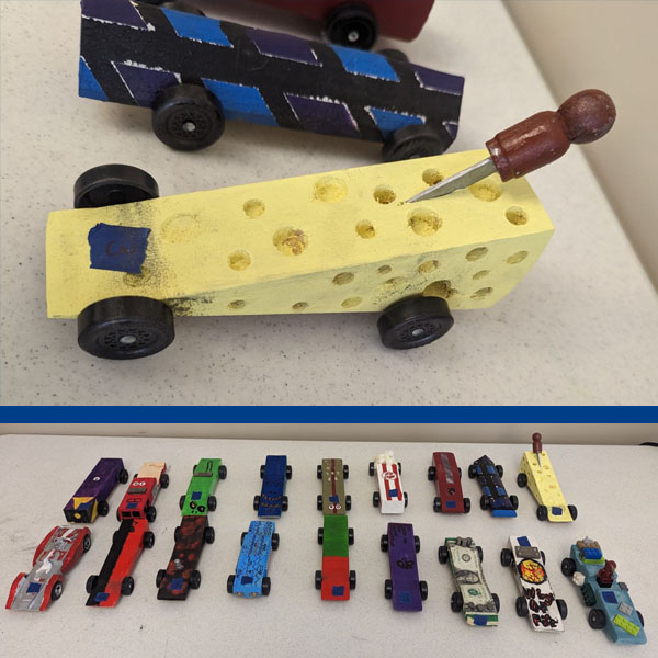 Cheese Pinewood Derby Car and car-line up at Pack 991 Pinewood Derby