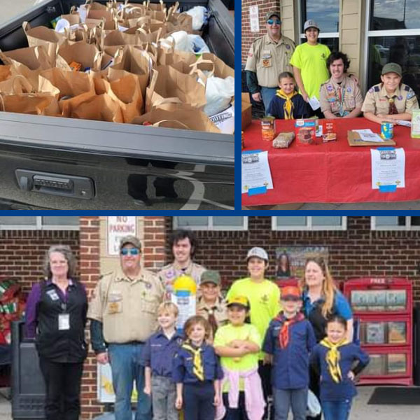 Collage of photos from Troop 116's Scouting for Food collection