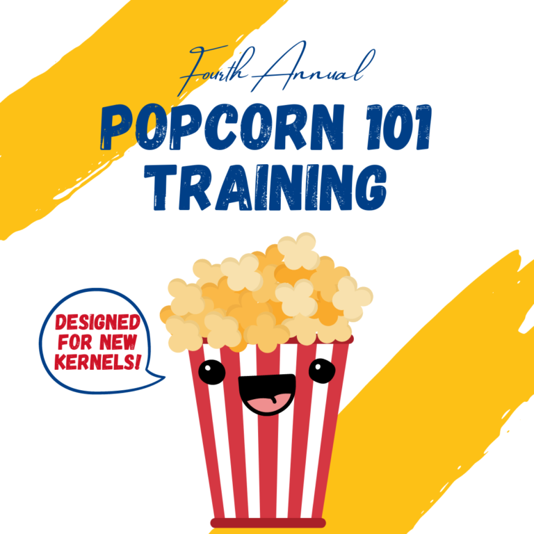 Logo for fourth annual popcorn 101 training - designed for new kernels