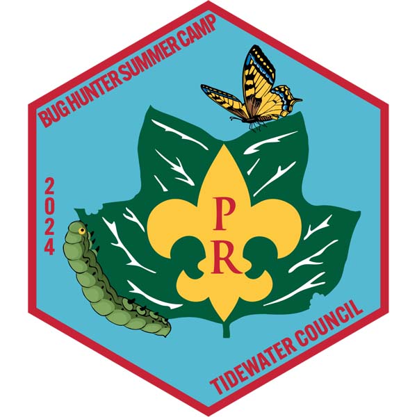 Patch with Pipsico logo, caterpillar, and butterfly. Bug Hunter Summer Camp 2024 Tidewater Council
