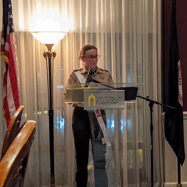 Elena T, Eagle Scout from Troop 5587, speaking at the Second Annual Examples of Success Event