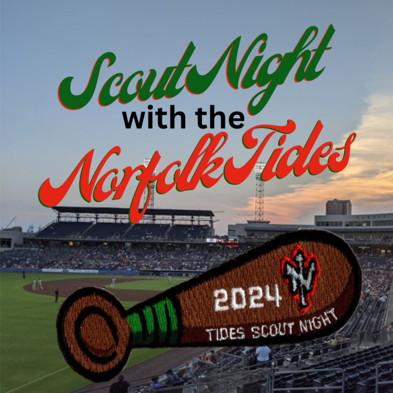 Scout Night with the Norfolk Tides Harbor Park in background with image of 2024 baseball bat patch