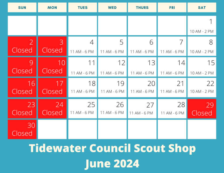 Calendar of Scout Shop hours for June 2024
