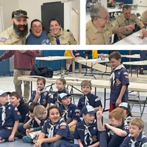 Photo collage from the Princess Anne District Pinewood Derby: Concession stand staff; Volunteers doing check-in and inspection; Bear Cub Scouts getting ready for the race