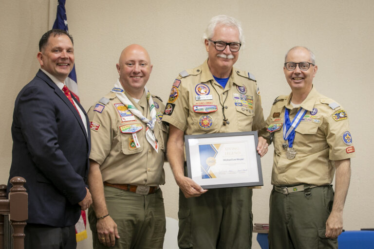 Photo of Scout Executive James Parnell, Council Commissioner Tim Briggs, Living Legend of Tidewater Council Michael Meyer, and Council President John Scheib