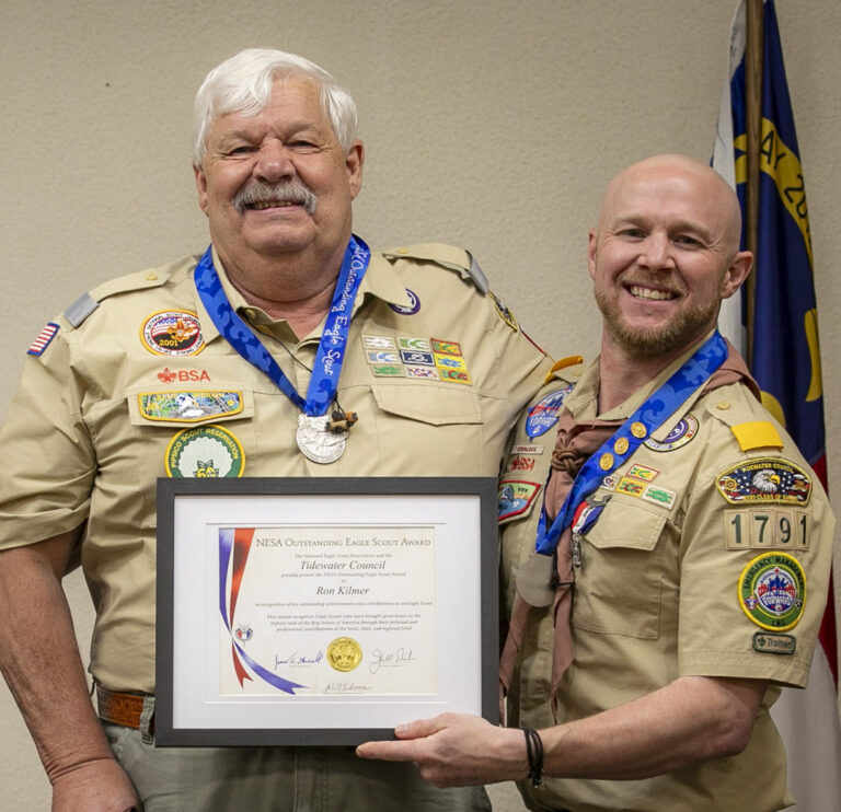 Photo of Ron Kilmer being presented the NESA Outstanding Eagle Scout Award (NOESA) by Justin Kilmer, his son and fellow NOESA recipient