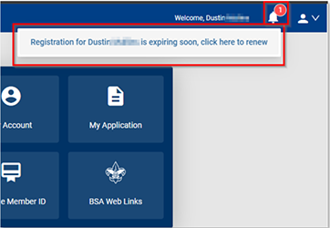 Button showing Notice Icon in My.Scouting when registration is due to renew