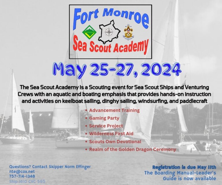 Flyer for Fort Monroe Sea Scout Academy May 25-27, 2024
