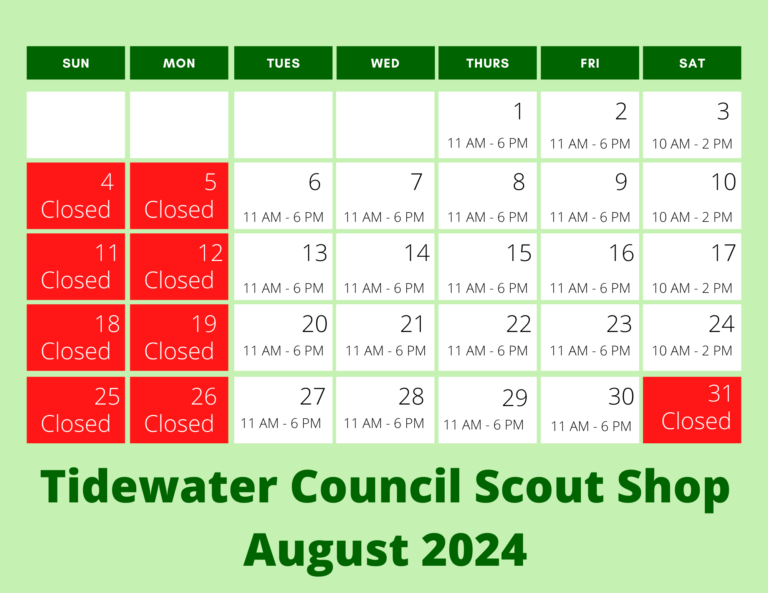 August 2024 calendar with Scout Shop hours