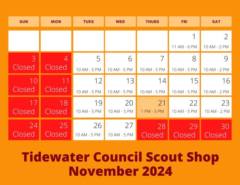 Calendar of Scout Shop hours for November 2024