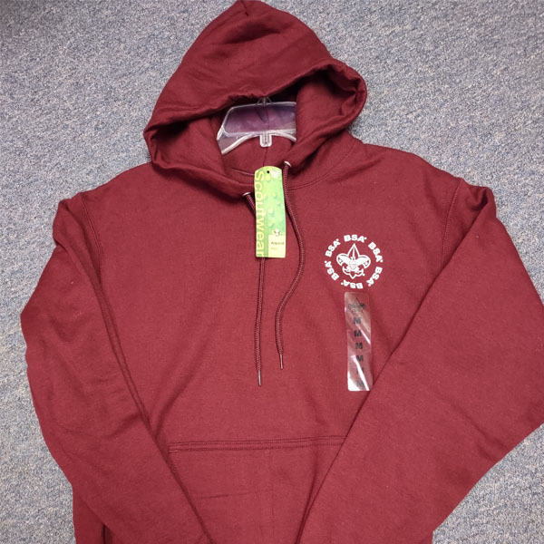 Maroon hoodie with the BSA fleur-de-lis symbol in white