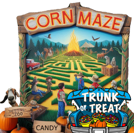 Illustration of Scouts at a corn maze, trunk or treat, and petting zoo event