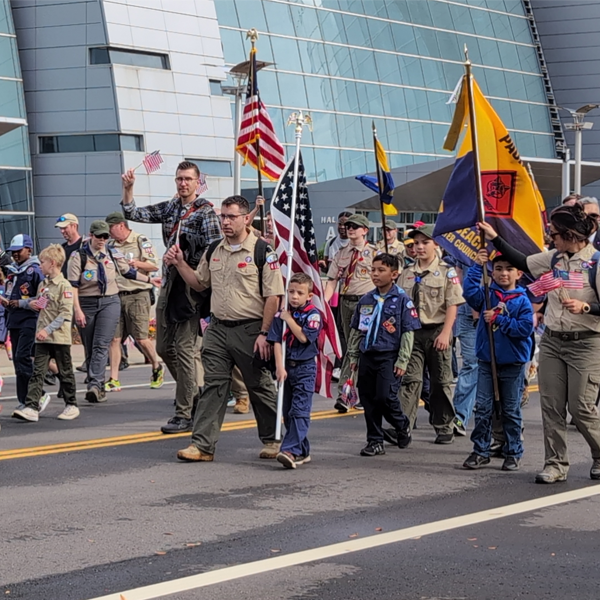 Scouts marching in the Tidewater Veterans Day Parade 2024 at the Virginia Beach Oceanfront