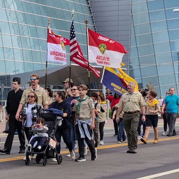 Scouts marching in the Tidewater Veterans Day Parade 2024 at the Virginia Beach Oceanfront