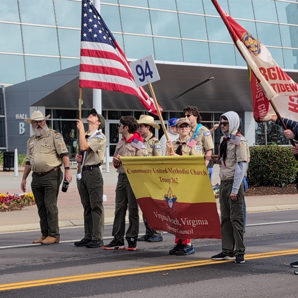 Scouts marching in the Tidewater Veterans Day Parade 2024 at the Virginia Beach Oceanfront