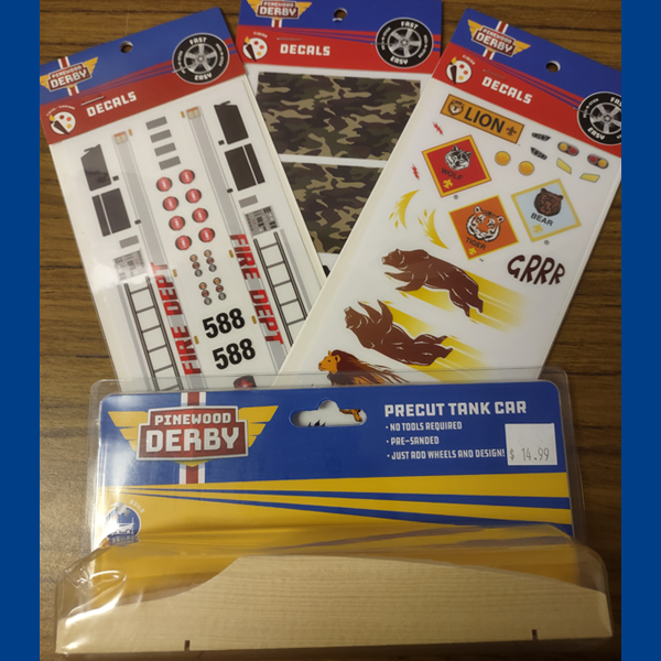 Pinewood Derby accessories - decals and pre-cut cars