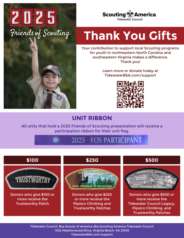 2025 Friends of Scouting Thank You Gifts. Photos of unit ribbon and patches for donors who give $100, $250, or $500+