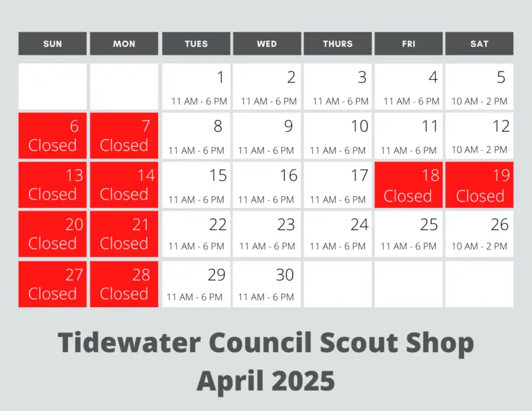 Graphic of April 2025 Scout Shop Hours