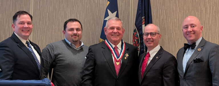 Distinguished Eagle Scout presentation to Chuck Kubic on January 21, 2025 in Virginia Beach, VA. (from left): Scout Executive Jamie Parnell, Vice President of Camping Wes Parker, Distinguished Eagle Scout Chuck Kubic, Council President John Scheib, and Council Commissioner Tim Briggs