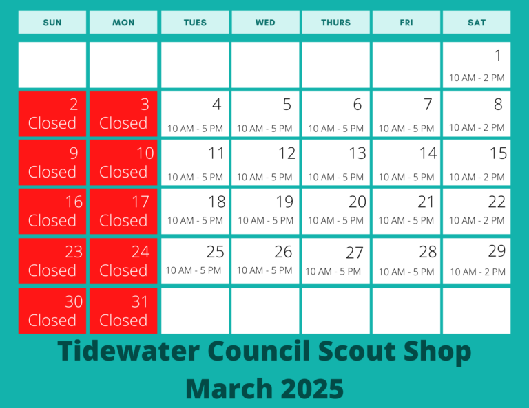 Graphic of March 2025 Scout Shop hours