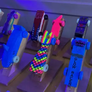 Glow in the dark cars from Pack 374's 2025 Pinewood Derby