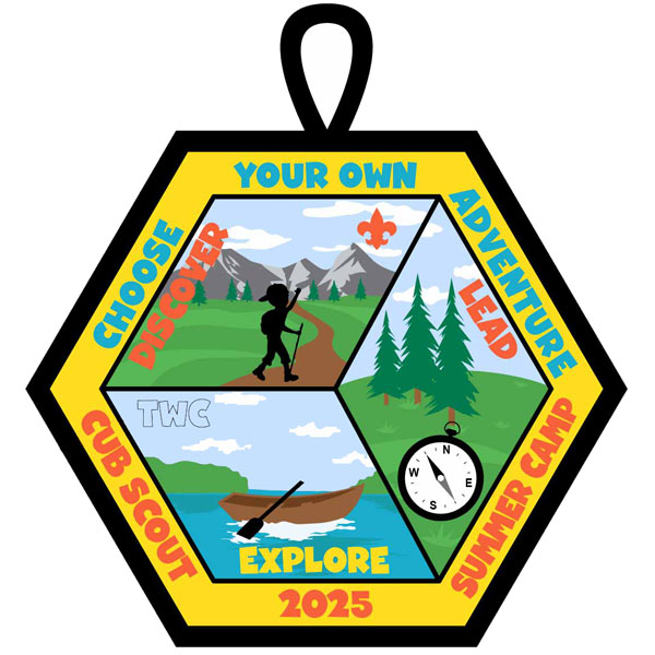 Patch design - Choose Your Own Adventure Cub Scout Summer Camp 2025. Discover. Lead. Explore.