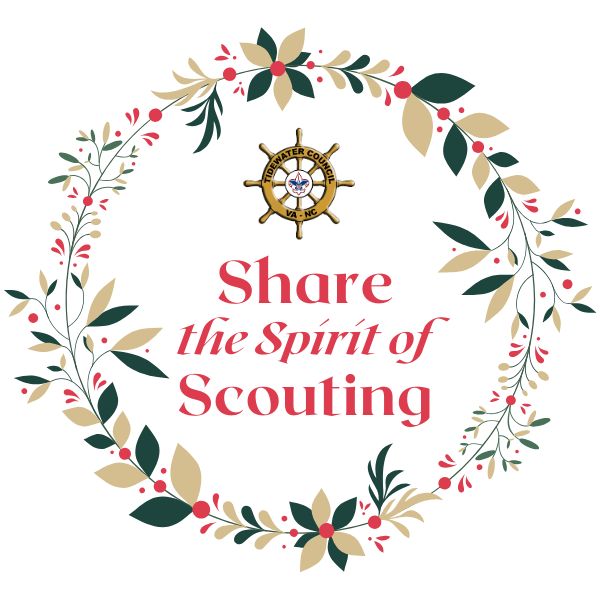 Wreath encircling text "Share the Spirit of Scouting"