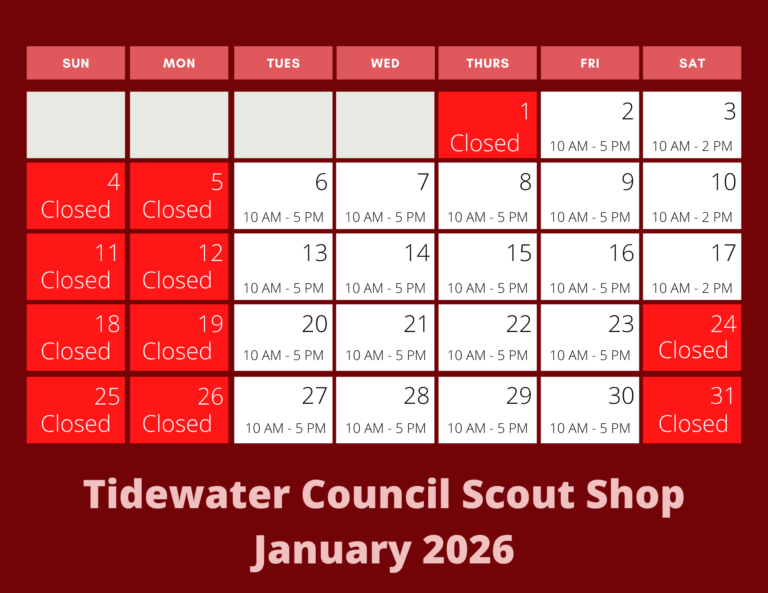 January 2026 calendar of Scout Shop hours