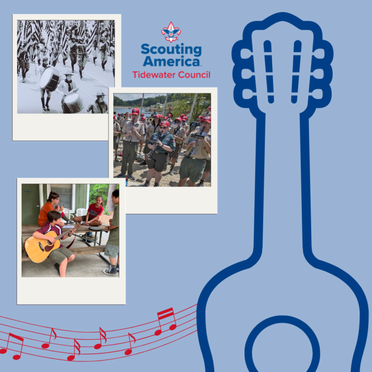 Scouting America Tidewater Council. Graphic of guitar, music notes, and instant photos of Scout musicians.