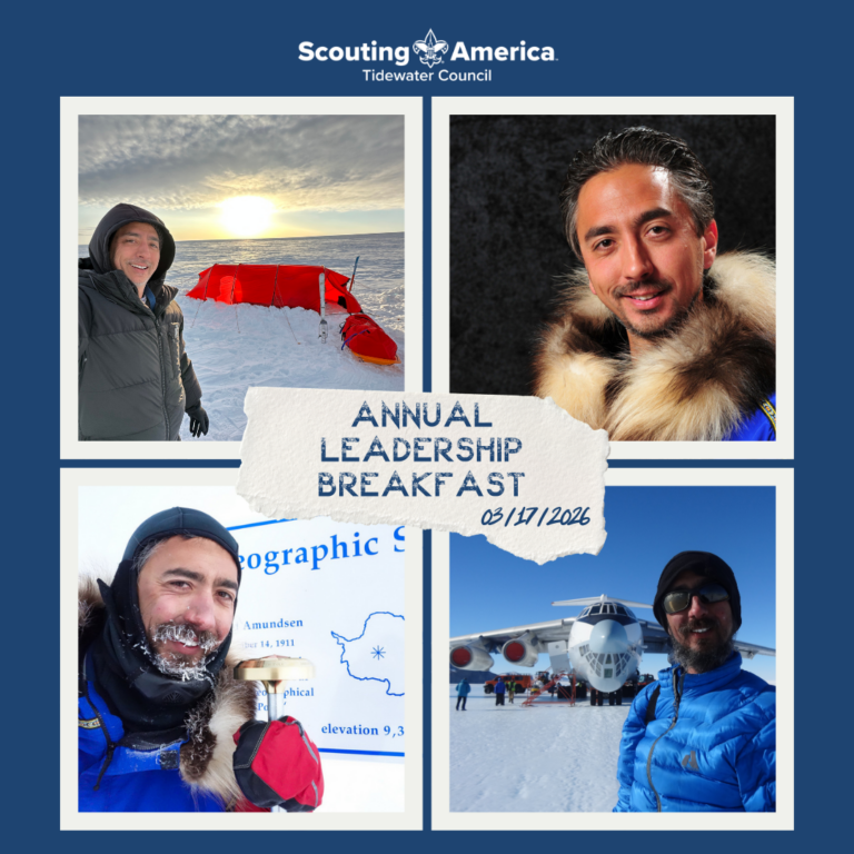 Scouting America Tidewater Council. Annual Leadership Breakfast 03/17/2026. Collage of photos of keynote speaker, Aaron Linsdau.