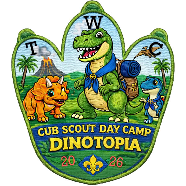 Patch mock-up for 2026 TWC Cub Scout Day Camp Dinotopia