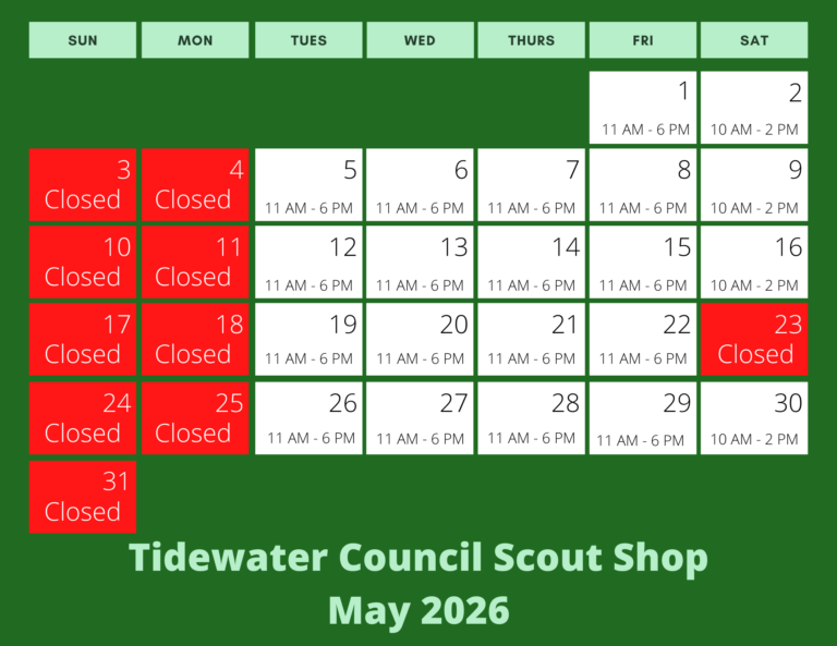 May 2026 Scout Shop Hours Graphic