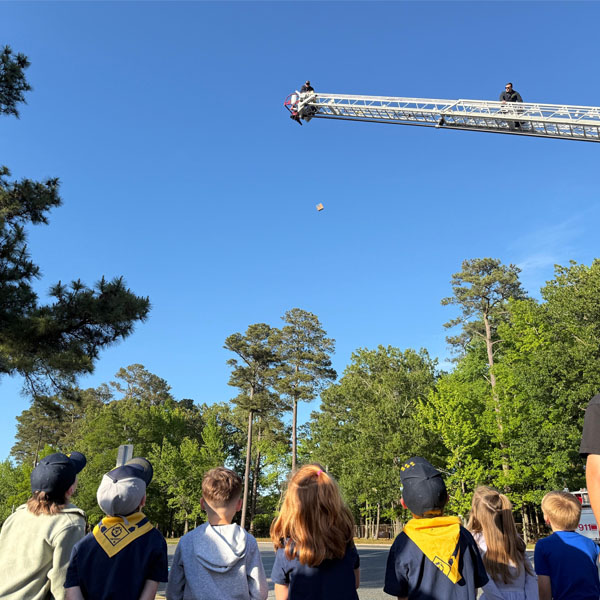 Cub Scout Egg Drop Challenge from a ladder truck
