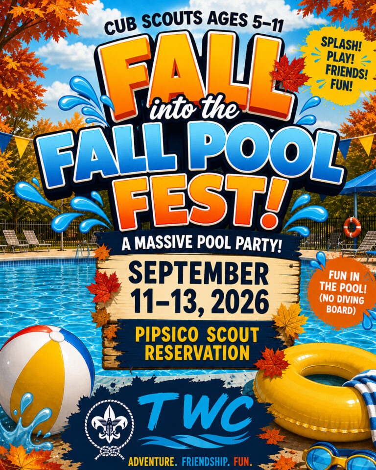 Cub Scouts ages 5-11. Fall into the Fall Pool Fest! A massive pool party! Flyer thumbnail.